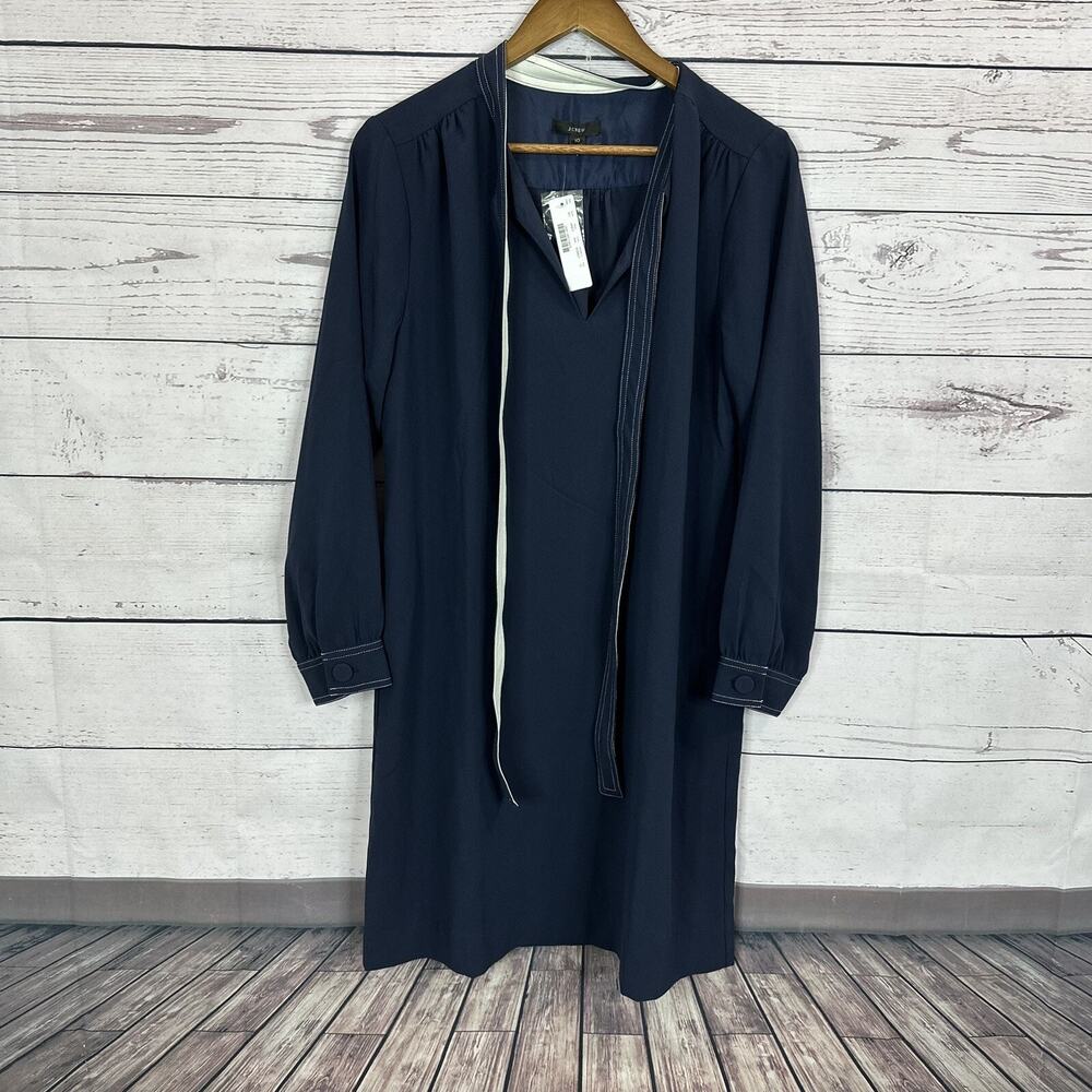 J Crew Dress Womens 10 Blue Navy Neck Tie Crepe Lined‎ Drapey Career Office